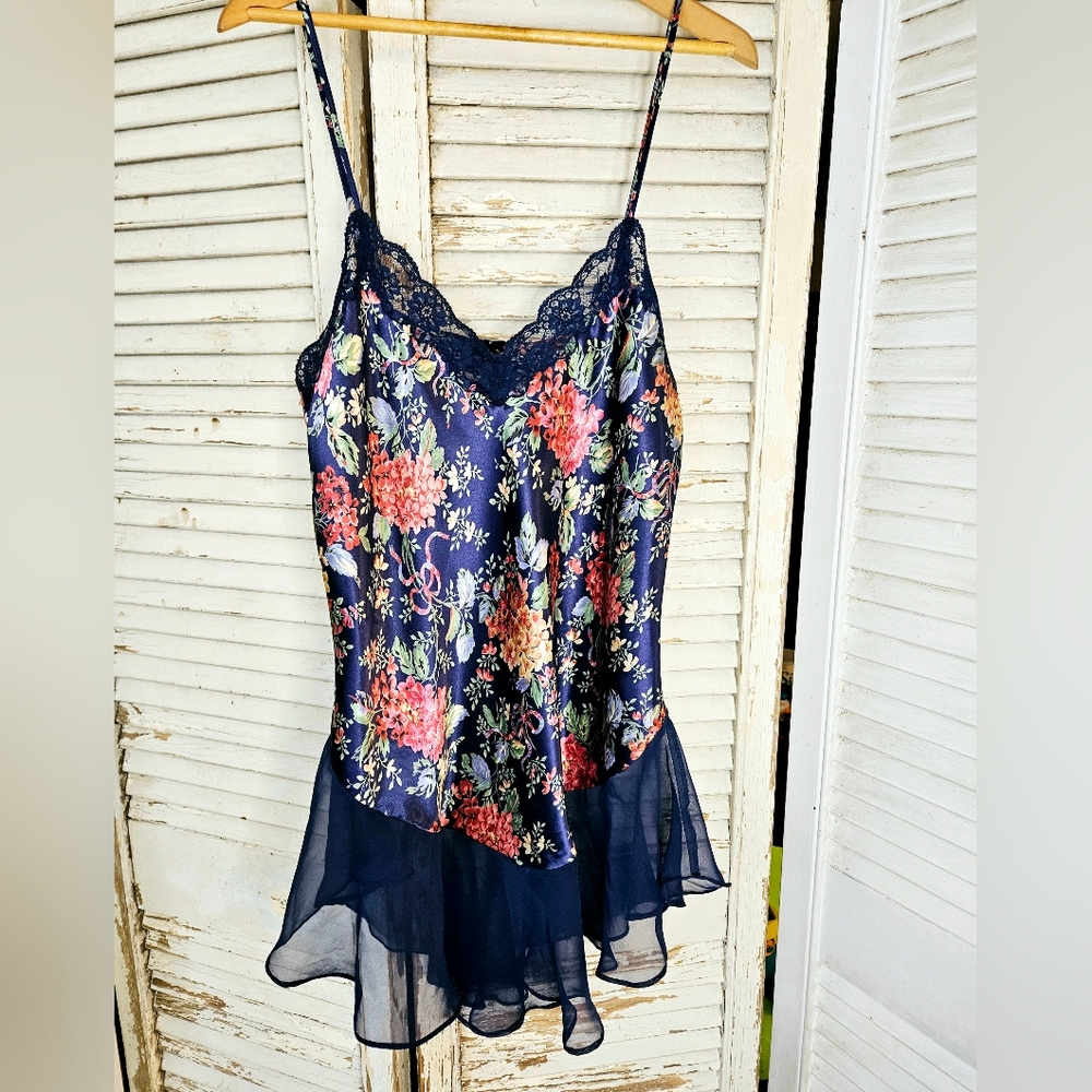 Vintage 90s Sedu Fine Lingerie Satin Floral Slip With Sheer Hem Medium